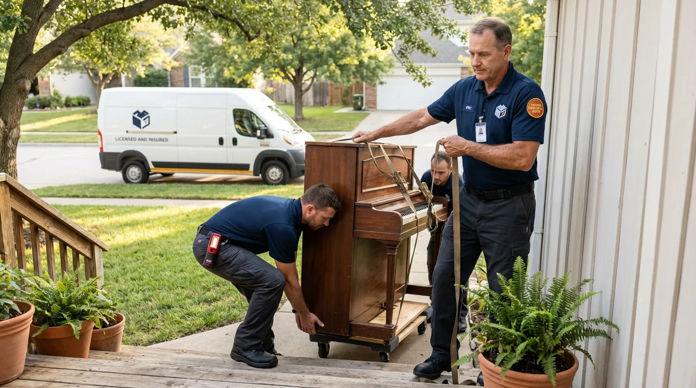 Licensed piano movers securing grand piano in Mesilla, NM