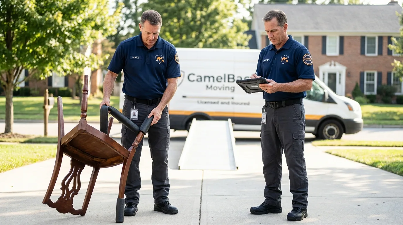 Movers inspecting furniture for damage prevention before loading in Mesilla, NM