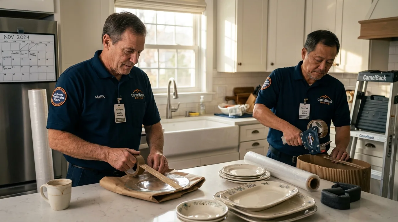 Professional crew packing kitchen dishware in Mesilla, NM